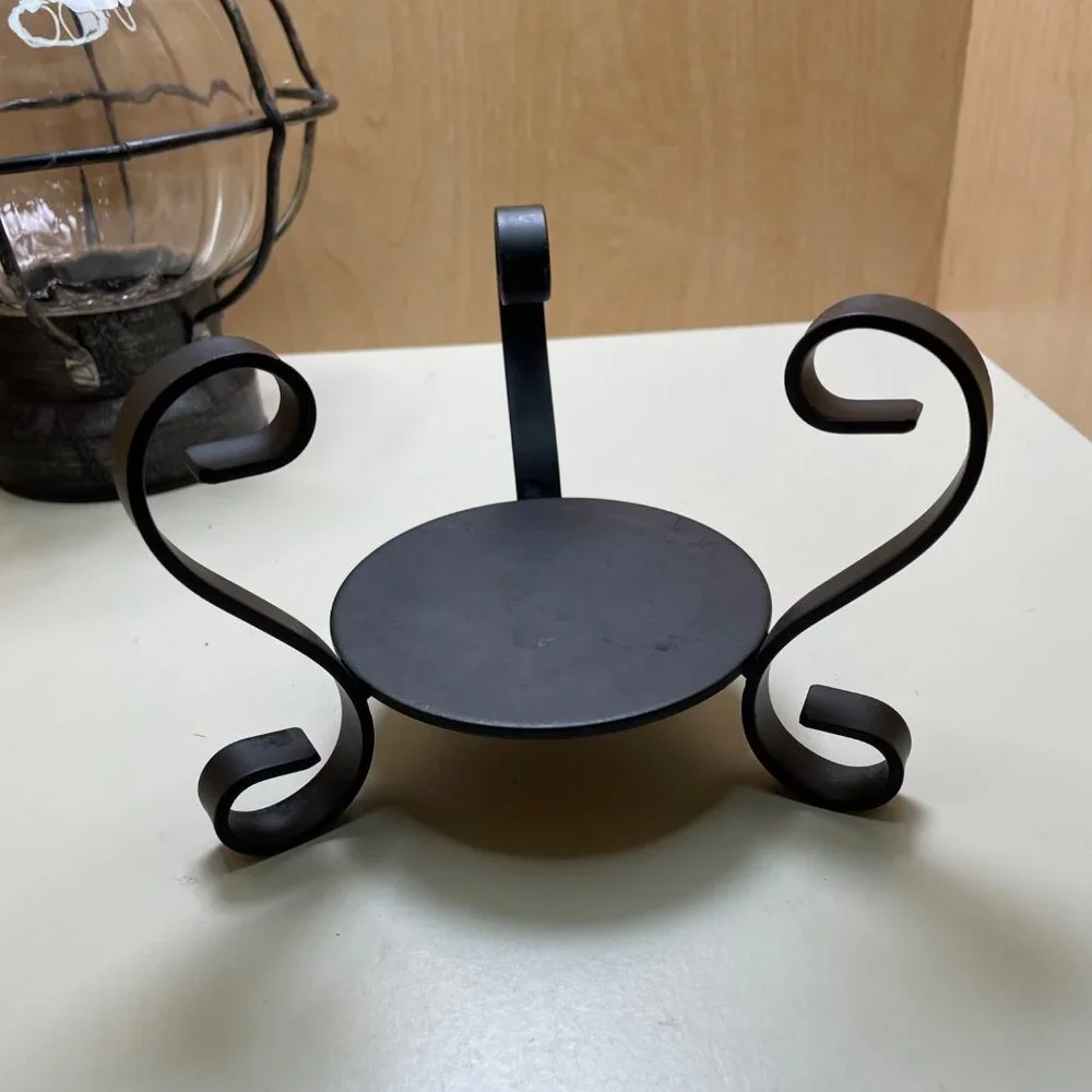 Rare Antique-Style 3 Piece Black Metal & Glass Lantern With Decorative Stand and